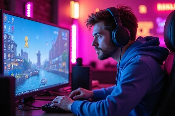 Streamer professionnel jouant à un nouveau jeu vidéo avec un setup éclairé au néon