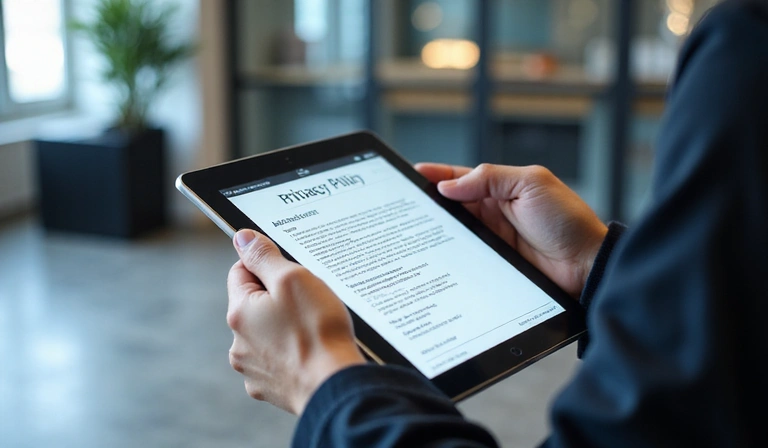 Personne lisant un document de politique de confidentialité sur une tablette